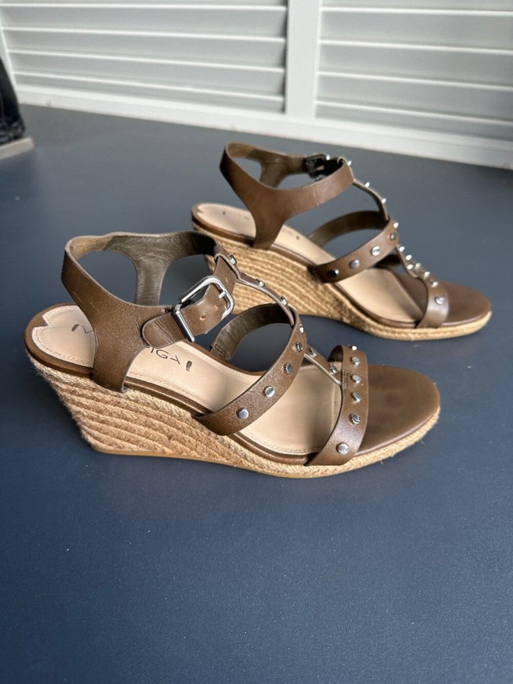 Via Spiga- Indya | Leather Espadrille Wedge w Silver Studs | Olive-Brown |SZ-8.5